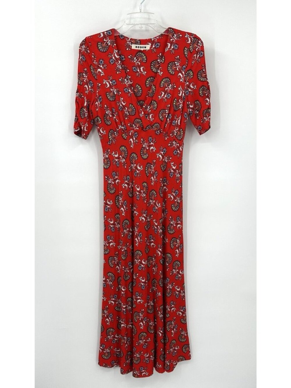 BODEN REBECCA JERSEY TEA DRESS red floral 6 empire waist midi euro chic retro